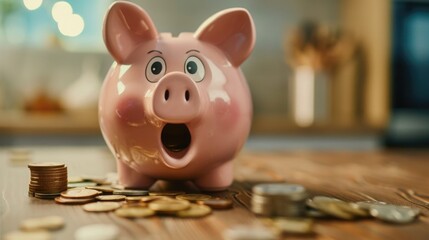 Piggy bank surrounded by coins and banknotes representing savings and finances.