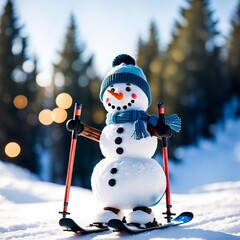 Snowman on skis against the backdrop of a winter forest