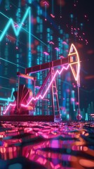 Glowing oil pump jack with digital graphs of oil prices on a dark background. oil industry and financial analysis