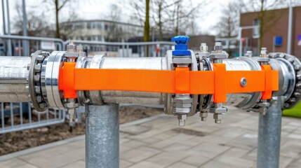 Fototapeta premium A silver pipe is firmly held in place by a bright orange strap, situated in a city area with buildings and trees in the background on a clear day