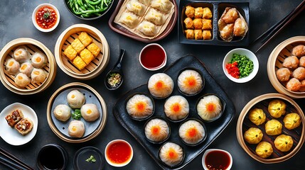 Delicious Chinese Dim Sum Brunch with Steaming Baskets and Freshly Prepared Dumplings