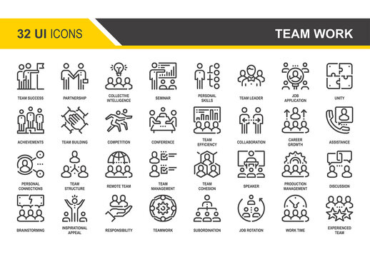 Vector set of team work flat line web icons. Each icon with adjustable strokes neatly designed on pixel perfect 48X48 size grid. Fully editable and easy to use.
