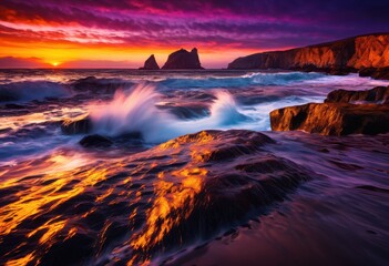 Fototapeta premium vibrant coastal sunset displaying stunning wave patterns rich colors dynamic textures, beach, sea, sky, clouds, waves, light, reflection, evening, horizon