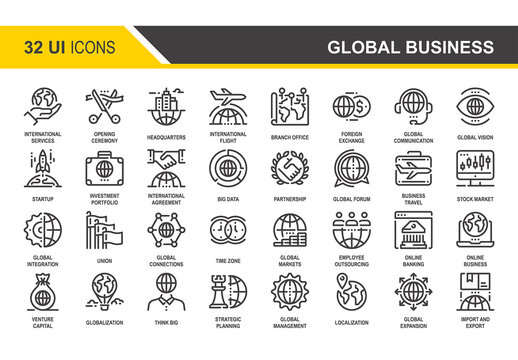 Vector set of global business flat line web icons. Each icon with adjustable strokes neatly designed on pixel perfect 48X48 size grid. Fully editable and easy to use.