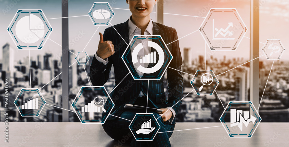 Poster data analysis for business and finance concept. interface showing future computer technology of prof