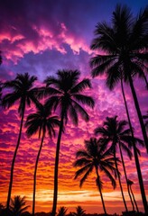 Obraz premium vibrant palm tree shadows cast colorful sunset displaying rich hues purple sky, orange, pink, silhouette, tropical, evening, light, scenery, landscape, dusk