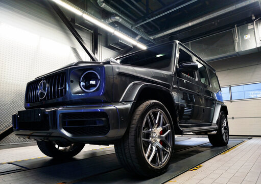 Moscow, Russia &ndash; August 30, 2024: Mercedes-Benz Gel&auml;ndewagen G63 in a car service.