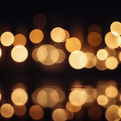 Yellow or golden abstract bokeh made from Christmas lights on black background. Holiday concept, blur bokeh, overlay for your images.