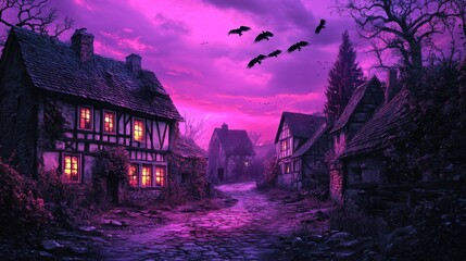 Enchanted Medieval Village at Twilight with Gothic Lighting and Bats Flying in the Pink-Purple Sky