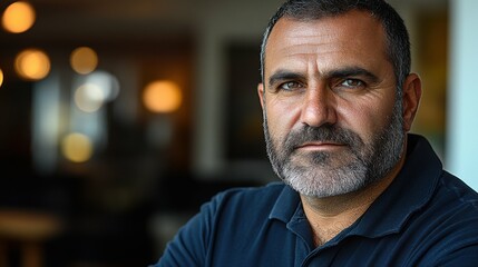 A multiracial man with a well-groomed beard and serious expression stands confidently inside a contemporary café. Soft light enhances his features, creating a striking portrait