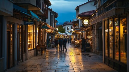 Fototapeta premium Skopje, North Macedonia - October 06, 2023: Evening street scene in the Old Bazaar quarter, with shops, locals, and visitors. Skopje, North Macedonia