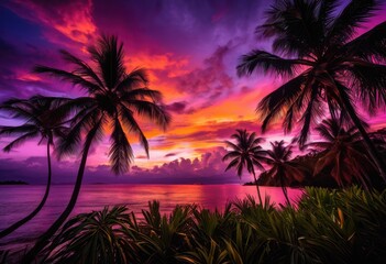 Obraz premium stunning lush palm silhouettes vibrant sunset sky creating breathtaking tropical scene, landscape, tree, evening, nature, scenery, clouds, beauty, light