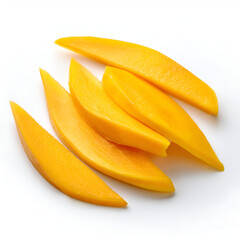 Fresh mango slices arranged elegantly on a white plate, showcasing vibrant color and juicy texture fit for a summer treat