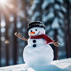 Snowman against the backdrop of a winter forest