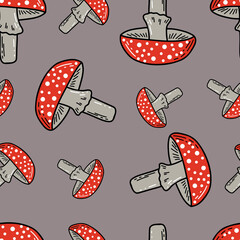 Seamless pattern mushrooms and leaves in trendy color