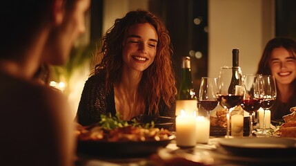 Group of friends having a dinner party with good food and wine