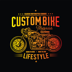 Motorcycle poster. Original vector illustration in vintage style isolated on black background. T-shirt design.