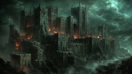 Dark, Mystical Castle Shrouded in Fog with Glowing Fires: Atmospheric Fantasy Imagery of an Ancient, Haunted Fortress at Night