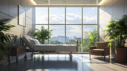 The 3D rendering showcases a stylish private hospital room with a contemporary design. The room features a comfortable bed and a sleek sofa, complemented by a shelf for personal items. 