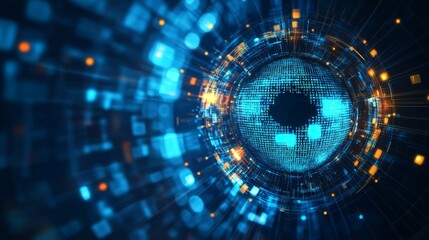 Obraz premium Digital eye, data network, and cyber security technology, vector background. Futuristic tech of virtual cyberspace and internet secure surveillance, binary code digital eye or safety scanner. 