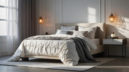 A Bed In White Room With Cinematic Lights, A Modern Bed In White Bedroom