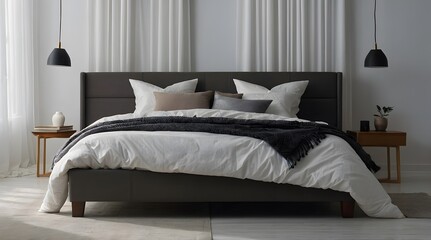 A Bed In White Room With Cinematic Lights, A Modern Bed In White Bedroom