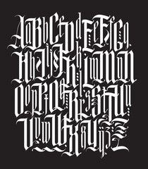 Gothic font. Full set of capital and  small letters of the English alphabet in vintage style. Medieval Latin letters. Vector calligraphy and lettering. Suitable for tattoo, label, logo © paseven