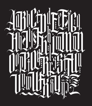 Gothic font. Full set of capital and  small letters of the English alphabet in vintage style. Medieval Latin letters. Vector calligraphy and lettering. Suitable for tattoo, label, logo