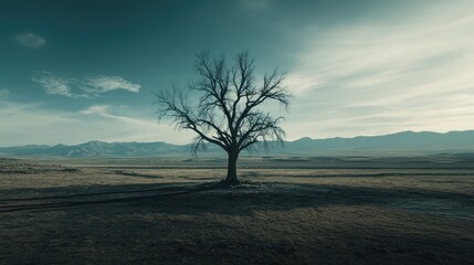 A Lone Tree Stands Tall in a Vast, Desolate Landscape