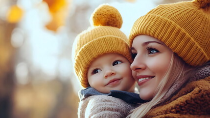 Fototapeta premium Joyful Mother Embracing Baby Autumn Smiles Sunshine Warmth Happiness Connection