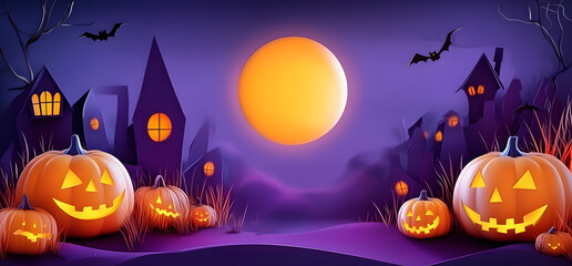 Paper Graphic of Happy Halloween fun party celebration background design. Halloween elements. Wide copy space for design.