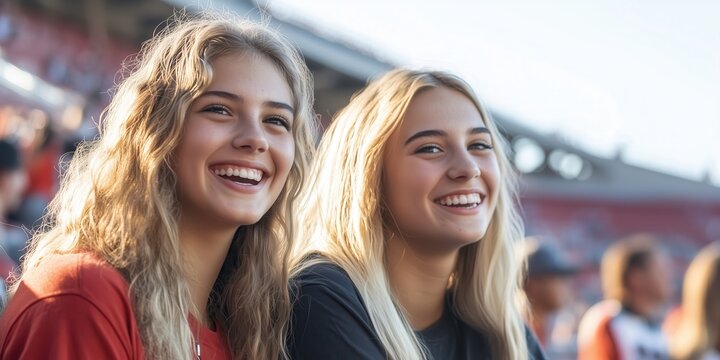 Two female sports fans watching a college football game