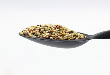 Heaping spoonful of white quinoa ready for cooking