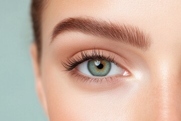 Obraz premium Close-up of a green eye with long lashes and natural brows, set against a soft, pale green background, highlighting detail and natural beauty. Perfect for beauty promotions, cosmetics branding, and ey