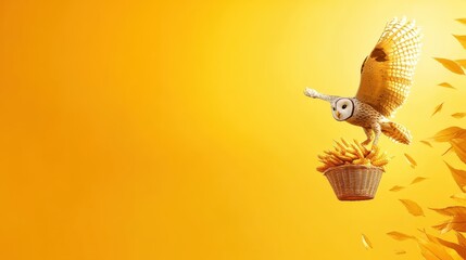 Whimsical Hand-Drawn Illustration of Owl with Harvest Basket Flying in Autumn Sky | Copy Space for Text