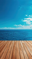 Fototapeta premium Serene Blue Sea and Sky from Wooden Deck Under Bright Sunlight in Summer