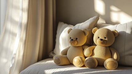 Adorable Teddy Bears and Pillows Interior Design in Minimalist Beige Still Life