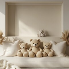 Adorable Teddy Bears and Pillows Interior Design in Minimalist Beige Still Life