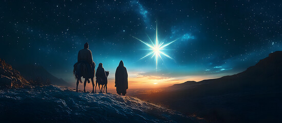 Christmas star on blue sky and three wise men. Christian illustration