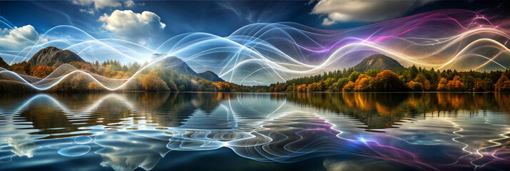 Waves of light, sound, goodness and love embrace, and permeate everything in their path, breathing life and happiness into the environment. Copy space. Illustration, banner, background, wallpaper.