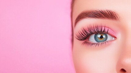 Detailed close-up of a woman's blue eye with long lashes against a vibrant pink background, showcasing a flawless makeup look. Perfect for beauty, fashion, and cosmetics campaigns with a focus on stri