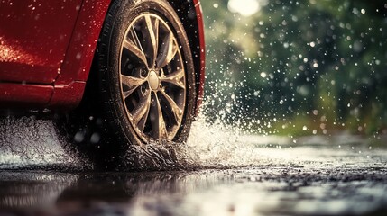 Rain-kissed car tire, summer's grip, Aquaplaning dance, defying the slip. 