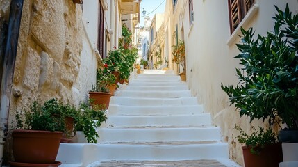 white stairs and charming streets of the old town of Chani on the island of Crete 