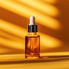 Naklejka premium Close-Up of Glass Dropper Bottle Filled with Orange Liquid on Yellow Background