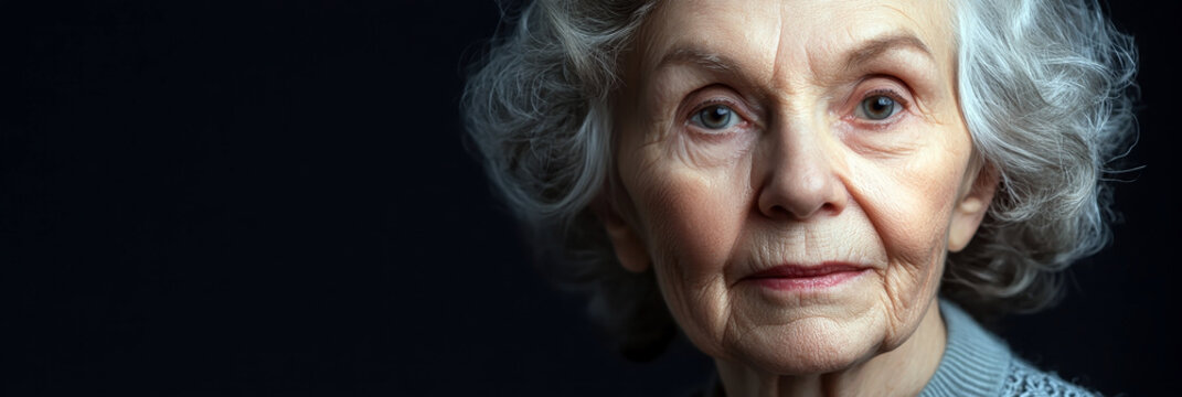 Elderly gray-haired woman. Horizontal banner. National Influenza Vaccination Week. National Immunization Awareness Month. Immunization and vaccination. Copy space. World patient safety day