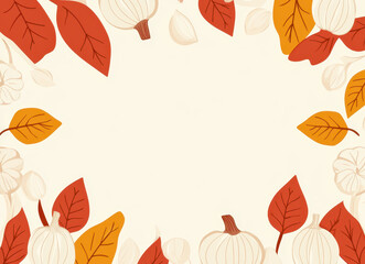 Obraz premium Autumn background vector design with vegetables and fall leaves frame on beige color. Onion and garlic 