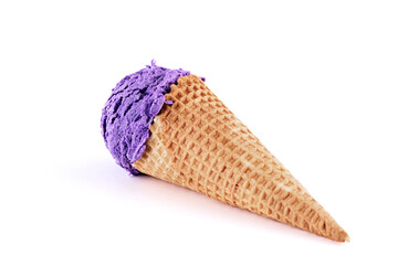 Blueberry ice cream with cone isolated on white background