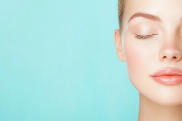 Fototapeta premium Close-up of a woman's serene face with closed eyes against a soft blue background. Ideal for skincare, beauty, and wellness campaigns, with ample copy space for text in a minimalist, tranquil design.