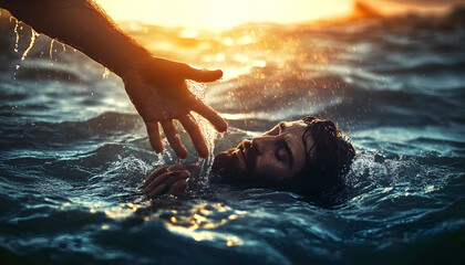 life saving miracle of Jesus Christ son of God saving Peter from drowning. Christmas, Easter, love Heaven and salvation concept illustration.
