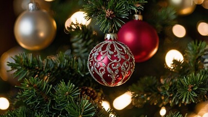 close-up of a red shiny Christmas tree decoration